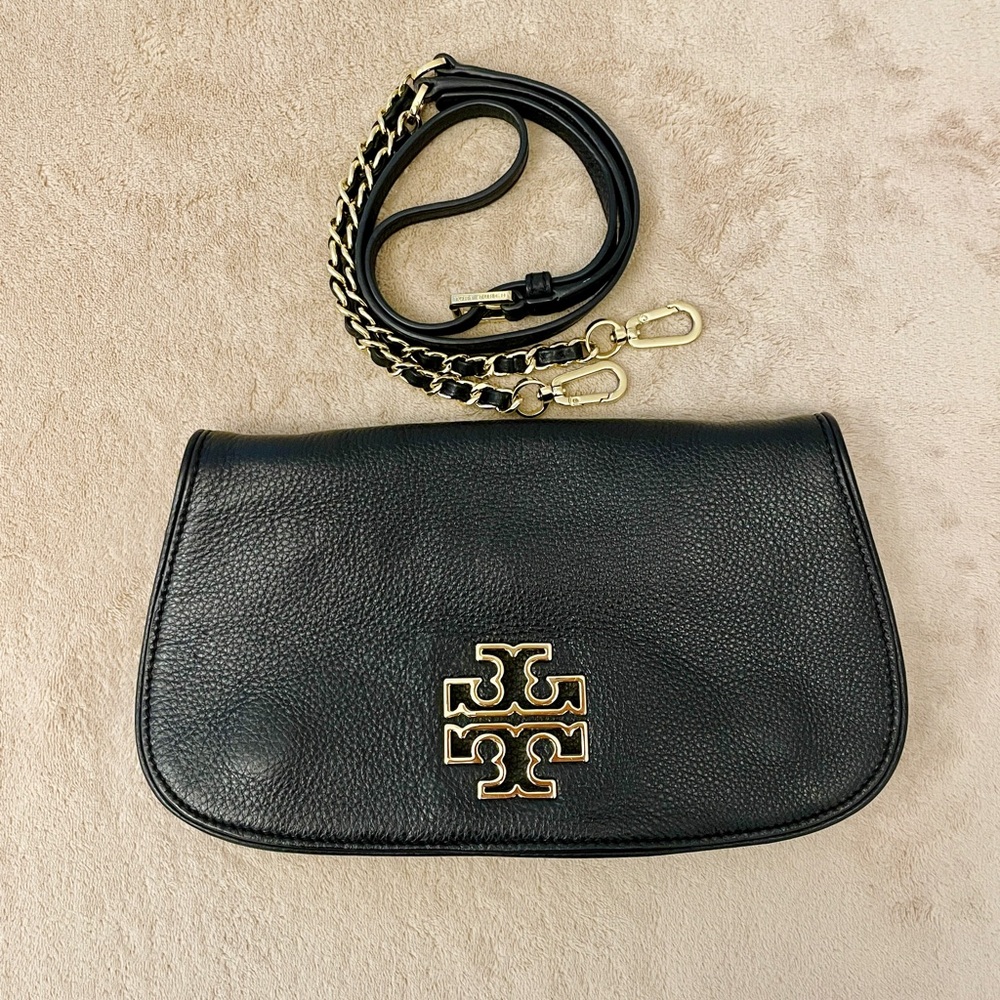 Tory Burch Crossbody Shoulder Clutch Purse Bag (Black and Gold)